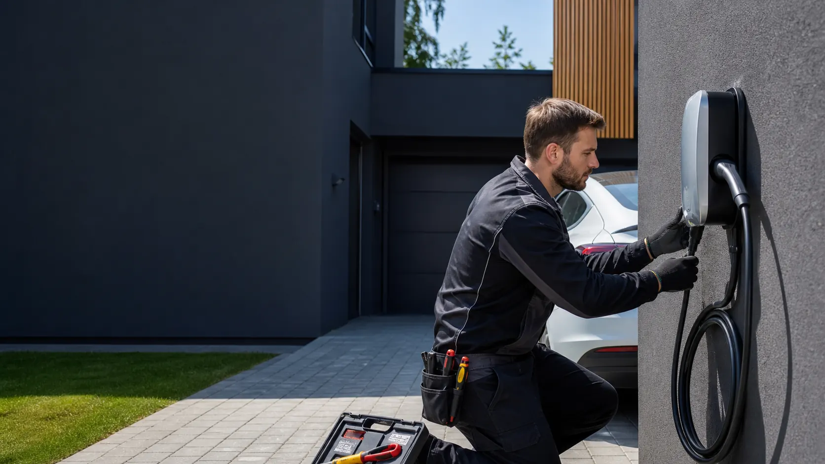Elektromobilių įkrovimo stotelių montavimas prie modernaus namo