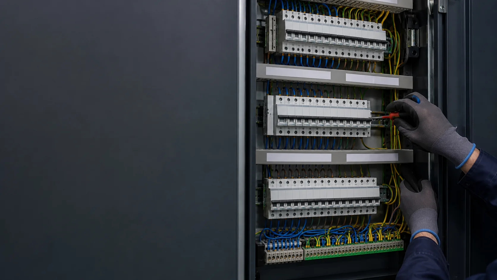 Elektros skydai surenkami ir tvarkingai žymimi dirbtuvėse