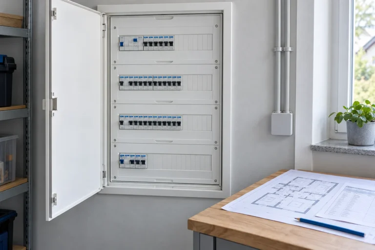 Elektros skydas namui su apsauginiais dangčiais ir grandinių planu