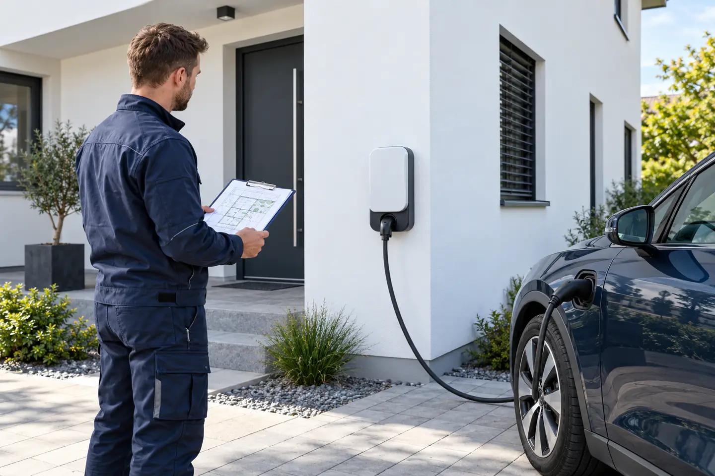 Įkrovimo stotelė namuose: specialistas tikrina planą ir automobilio stovėjimo vietą